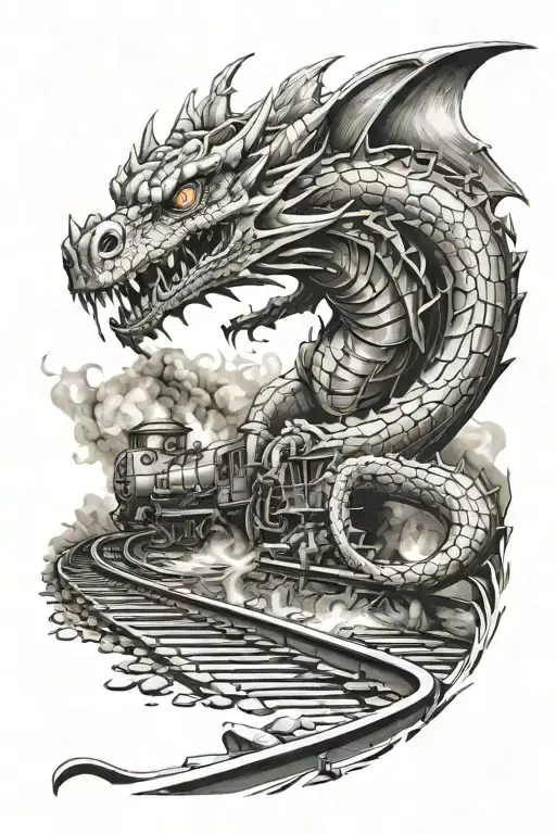 train tracks fire breathing dragon tattoo design idea