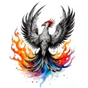 A vibrant tattoo, watercolor-style phoenix rising from flames, with soft splashes of reds, oranges, and blues, blending  tattoo design idea