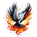 A vibrant tattoo, watercolor-style phoenix rising from flames, with soft splashes of reds, oranges, and blues, blending  tattoo design idea