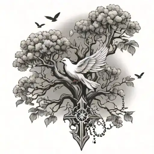 poison tree growing, with 2 doves, an orthodox cross tattoo design idea