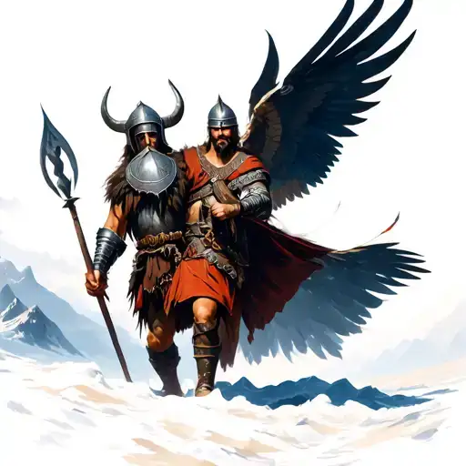old viking warrior with helmet, valkyrie leading him to valhalla tattoo design idea