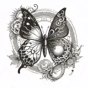 Butterfly resting on a yin yang symbol with sun and moon motifs tattoo design idea