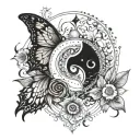 Butterfly resting on a yin yang symbol with sun and moon motifs tattoo design idea