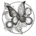 Butterfly resting on a yin yang symbol with sun and moon motifs tattoo design idea
