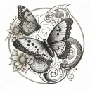 Butterfly resting on a yin yang symbol with sun and moon motifs tattoo design idea