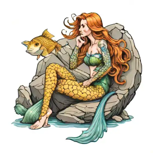ginger mermaid sitting on a rock tattoo design idea