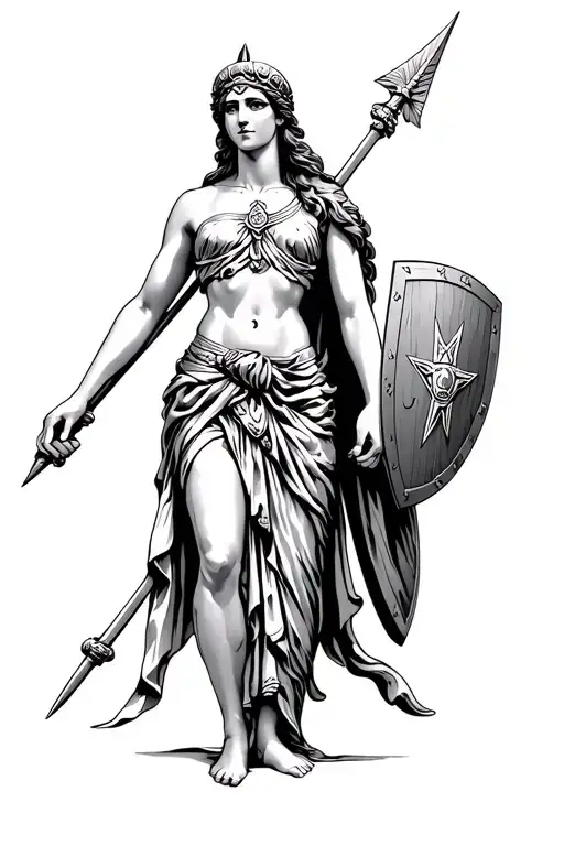 full body greek goddes athena standing chin up with spear in the right hand and shield in the left. tattoo design idea