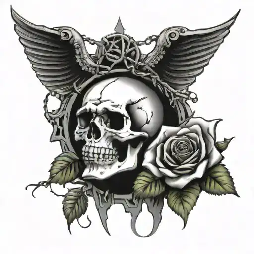 amen in old English outline with skull and roses with barbed wire tattoo design idea