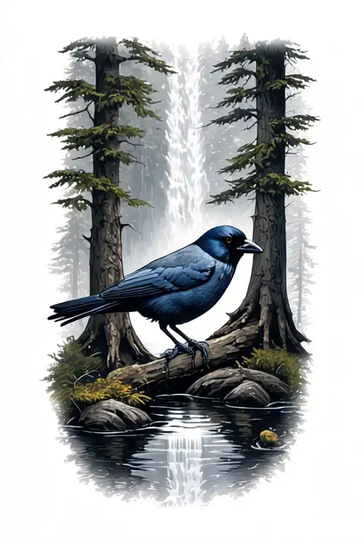 Hirsch, jackdaw, waterfall, forest tattoo design idea