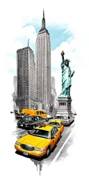 new york inspired tattoo design incorporating yellow taxi, Empire State Building, Statue of Liberty, 5th avenue tattoo design idea