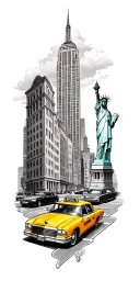 new york inspired tattoo design incorporating yellow taxi, Empire State Building, Statue of Liberty, 5th avenue tattoo design idea