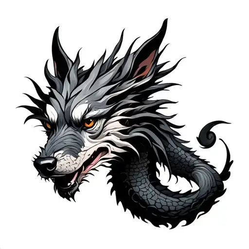 dog and wood chiness long dragon tattoo design idea