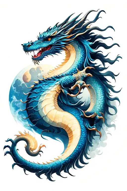 eastern dragon, moon phases, tattoo design idea