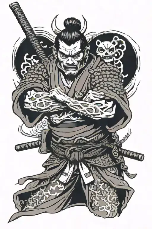 samurai wearing a oni mask on the tricep with a katana going down the elbow and forearm tattoo design idea