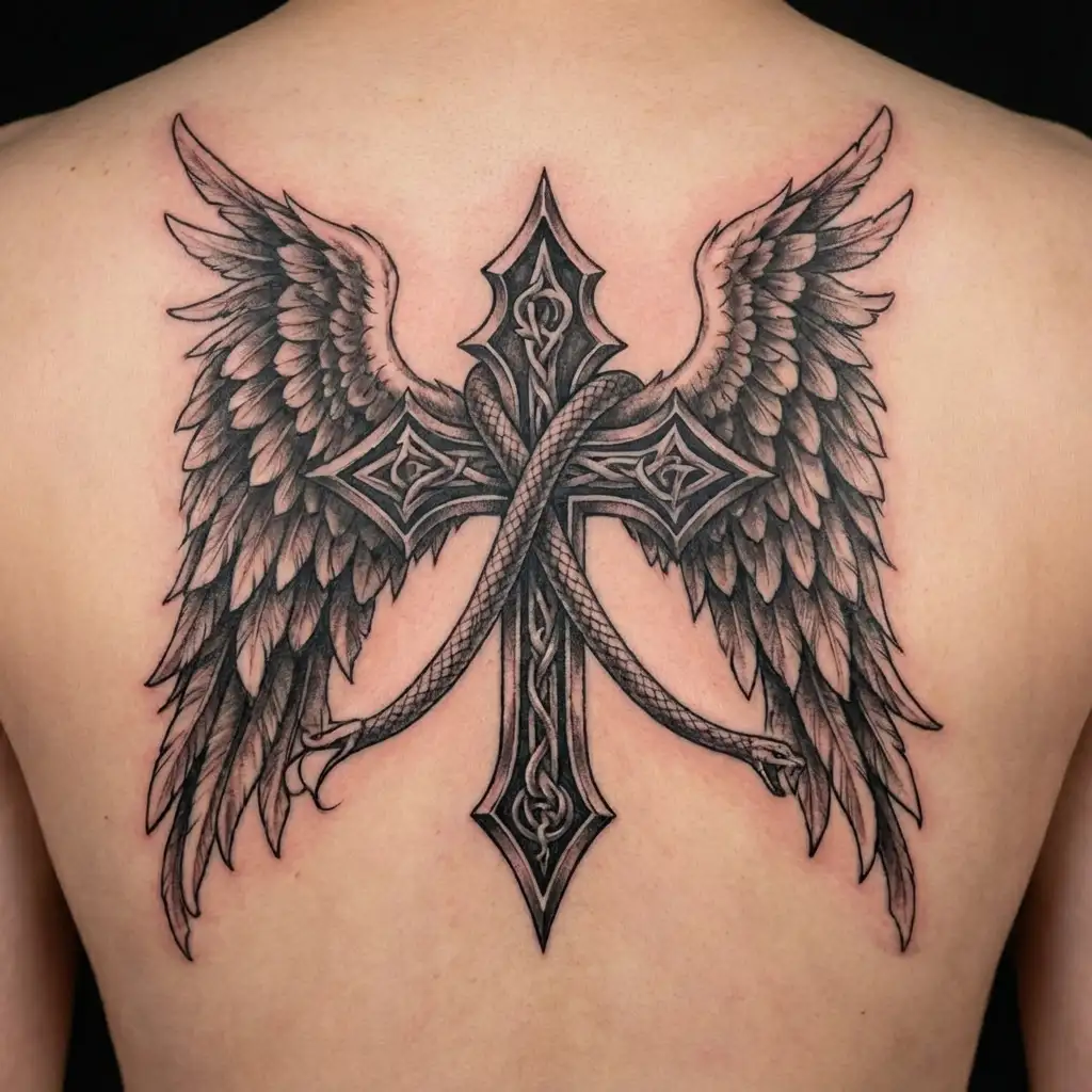 Anglo-Saxon wings wrapped around a cross tattoo design idea