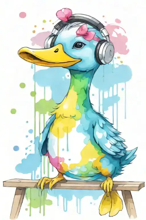 cartoon duck wearing headphones, painting on an easel. include colourful water colour splotches with music notes tattoo design idea