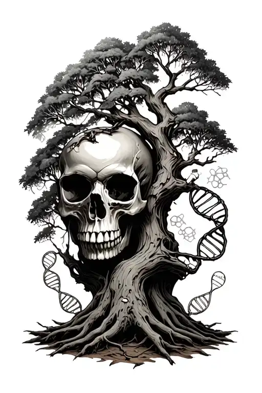Knowledge, skull, tree with no leaves, DNA and caffeine molecule tattoo design idea