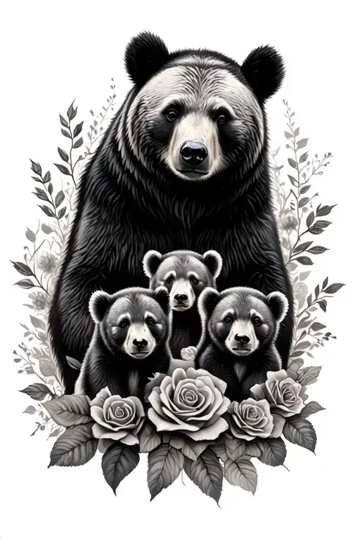 realistic protective mama bear with roses and 2 cubs tattoo design idea