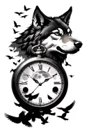wolf head with full moon phases and pocket watch with flock of birds silhouettes Japanese style tattoo design idea