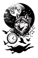 wolf head with full moon phases and pocket watch with flock of birds silhouettes Japanese style tattoo design idea