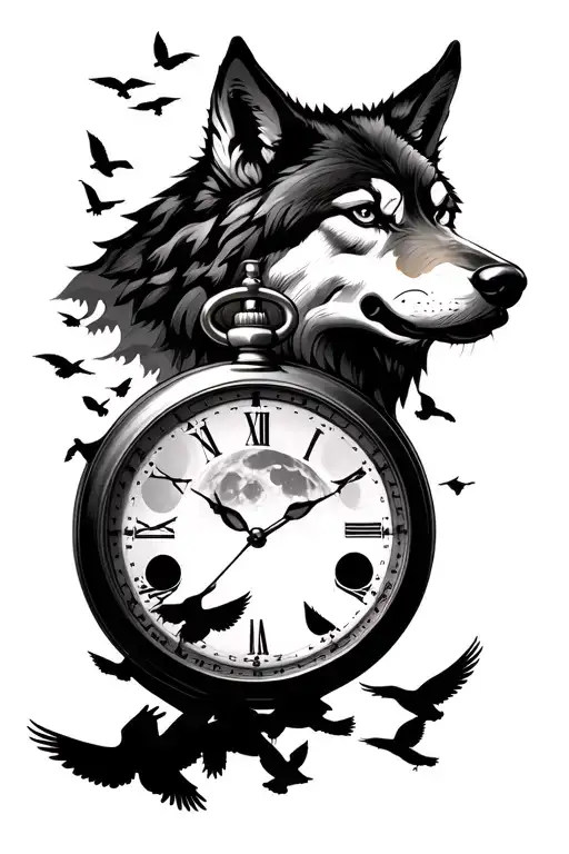 wolf head with full moon phases and pocket watch with flock of birds silhouettes Japanese style tattoo design idea