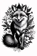 fox running with whole body streched out and bushy tail on forearm tatoo with bones and nature, floral surrounding tattoo design idea