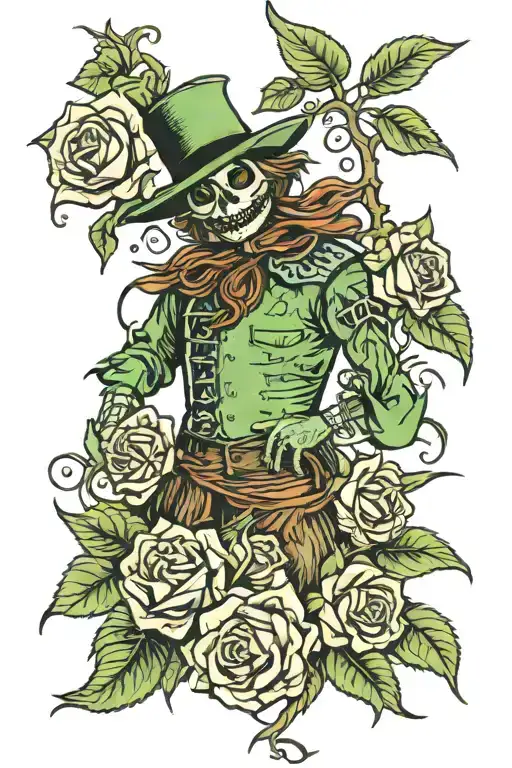 scarecrow with green roses blooming tattoo design idea