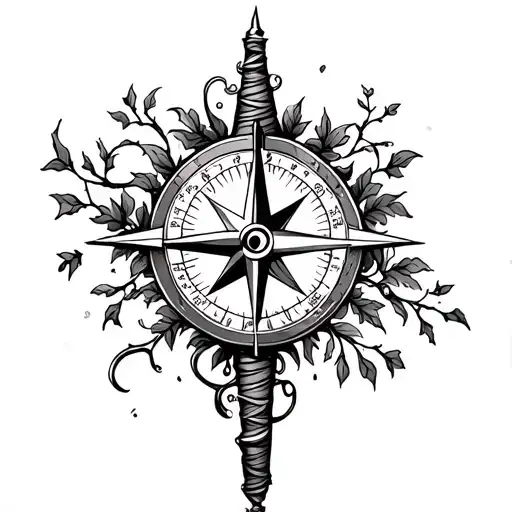 barber pole with a compass on top and vines in the backround tattoo design idea