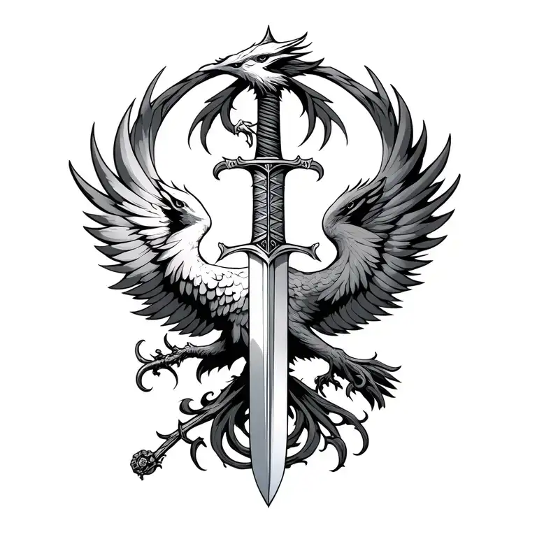 sword and a phoenix with discipline symbolism  tattoo design idea