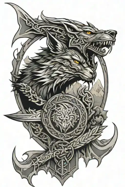 dragon eye, aggressive wolf head, nature scene, camping fire with small tent, sword, Celtic shield knot, arch angel tattoo design idea