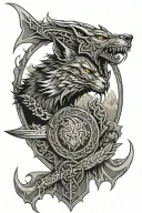dragon eye, aggressive wolf head, nature scene, camping fire with small tent, sword, Celtic shield knot, arch angel tattoo design idea