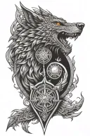 dragon eye, aggressive wolf head, nature scene, camping fire with small tent, sword, Celtic shield knot, arch angel tattoo design idea