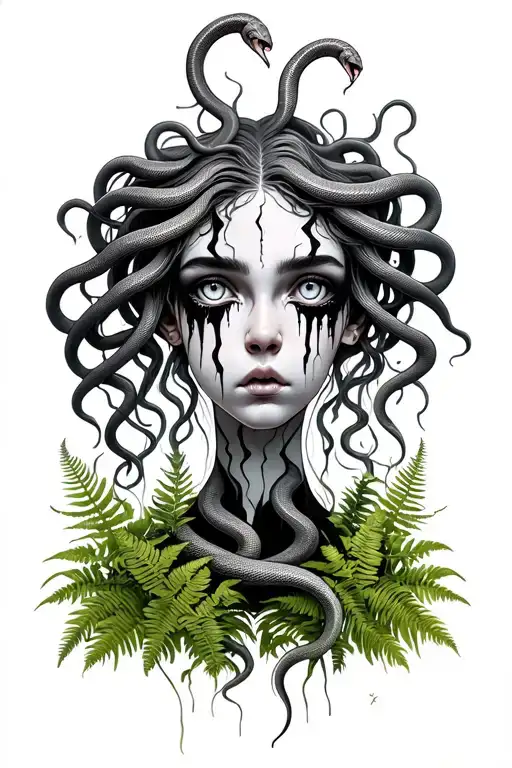 Medusa head, white eyes, 7 snakes, 3 cracks on her face, black tears, sad expression, ferns and plants behind everything tattoo design idea
