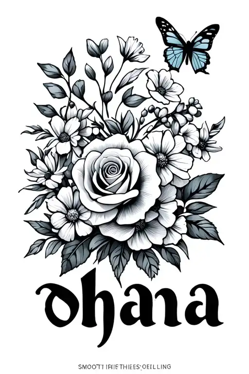   word ohana surrounded by hawthorn, rose, primrose, narcissus, marigold flowers and butterflies  tattoo design idea