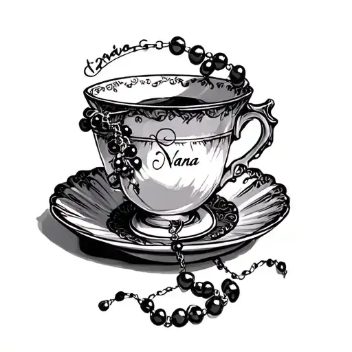 "Nana " Teacup and rosary beads wrapping tattoo design idea