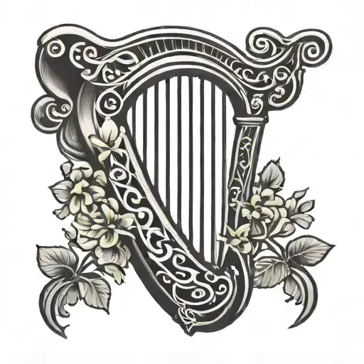 irish harp with shamrocks tattoo design idea