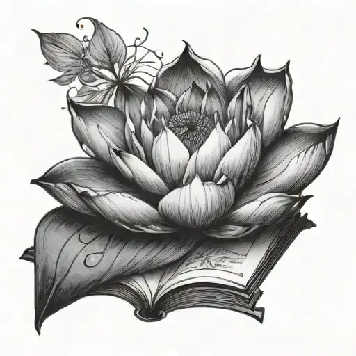A yutori lotus blooming from an open book, symbolizing balance and tranquility tattoo design idea
