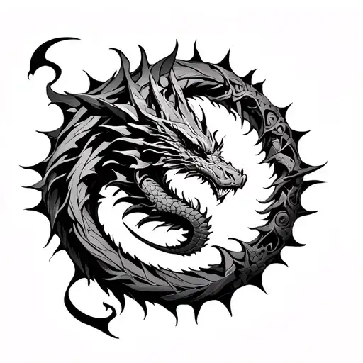 Mechanical Dragon circling a sun tattoo design idea