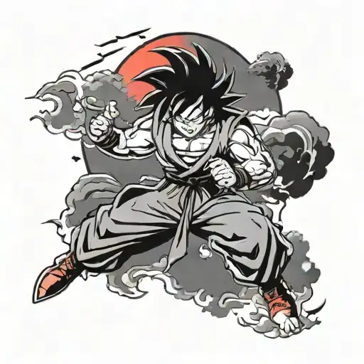 Create a Japanese Tatto in Black and Red. Goku with his Bo on a Summit with a Red Sun in the Background.  tattoo design idea