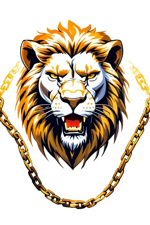 A fierce lion head with the Bronx skyline behind it, symbolizing strength and hometown pride. Broken chains around neck tattoo design idea