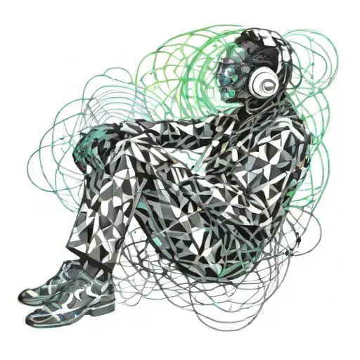 A traveler sitting cross-legged, floating in the infinite space of his mind, wearing a modern headset with dark metallic colors. His body is surrounded by a luminous aura in shades of electric. Pulsating waves of energy emanate from the headset, creating abstract and fluid shapes around him, like visual echoes of the music he is listening to. In the background, mental landscapes take shape: a sea of stars, suspended mountains, and glowing fragments of memories floating in the air. The atmosphere is futuristic, immersive, and introspective, evoking an inner journey through music and thoughts tattoo design idea