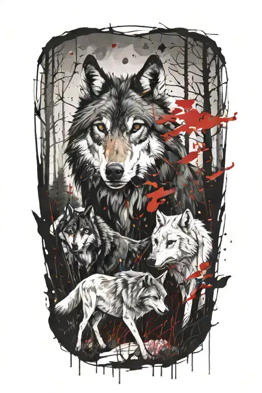 wolves and horses framed by thunderstorms in a forest with snow tattoo design idea