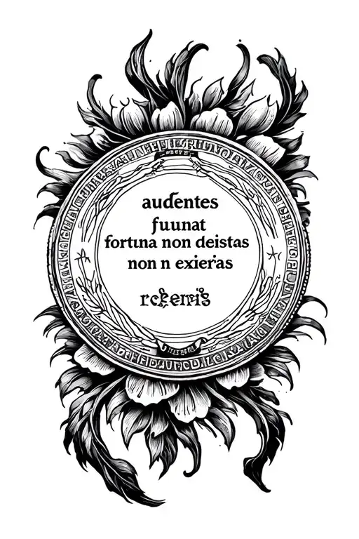 text in Latin "audentes fortuna iuvat non desistas non exieris" as a coin tattoo design idea