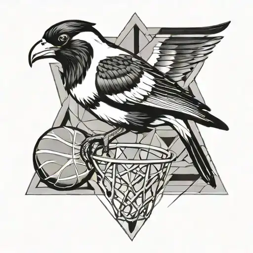 a magpie is dunking a basketball. the magpie represents collingwood.  tattoo design idea