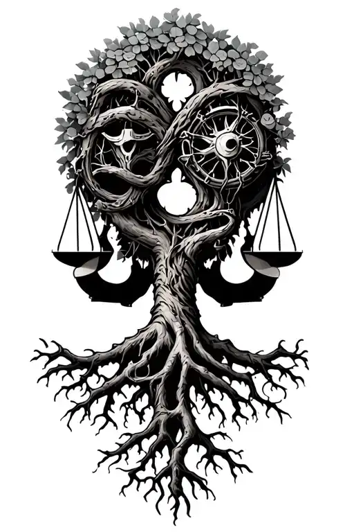 harley engine, midevil tree of life with roots and libra scale intertwined  tattoo design idea