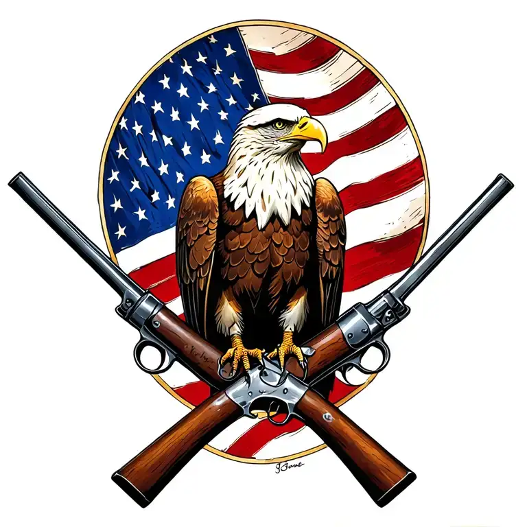 Bald Eagle perched on 2 old muskets crossed like an X with an American flag waving in the background. tattoo design idea