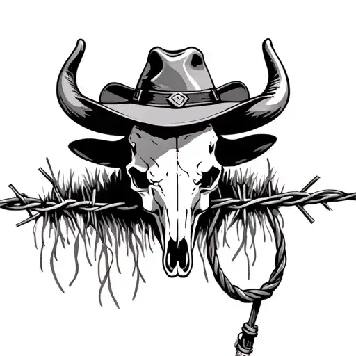 bull skull hanging on barbed wire fence with cowboy hat and lasso handing off to the side tattoo design idea