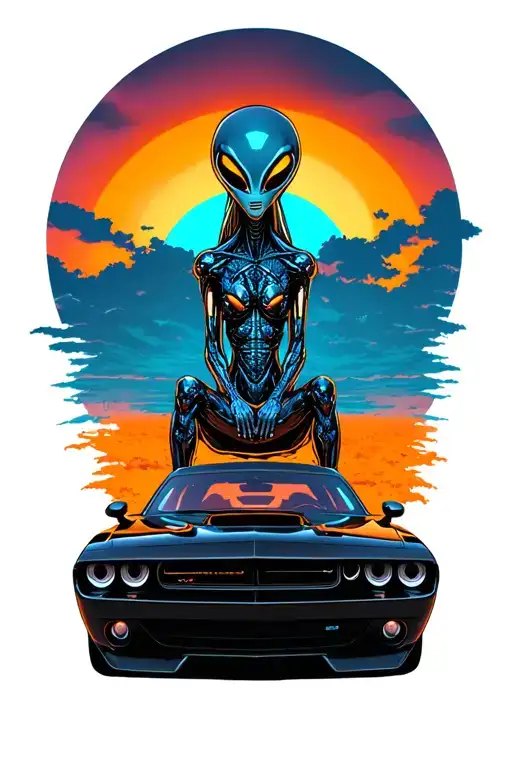 an alien sits inside a black dodge challenger car in the florida sun tattoo design idea