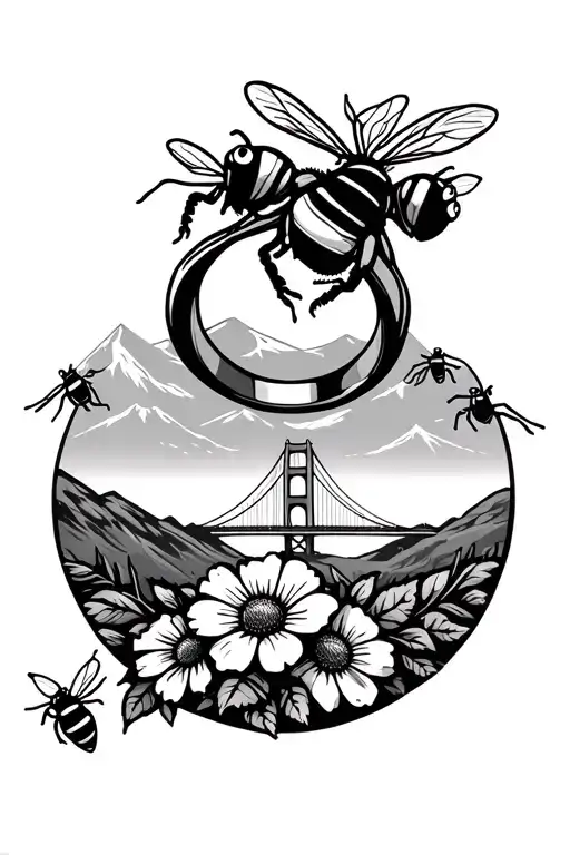Ring of flowers with cute bees and golden gate bridge in the background with mountains tattoo design idea