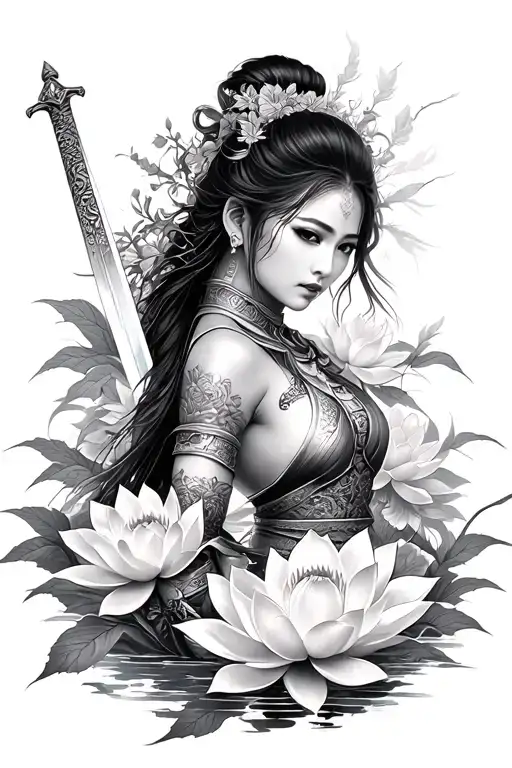 Photo realistic tattoo of a beautiful Asian woman warrior, with lotus flowers, a sword, highly detailed, flawless. tattoo design idea
